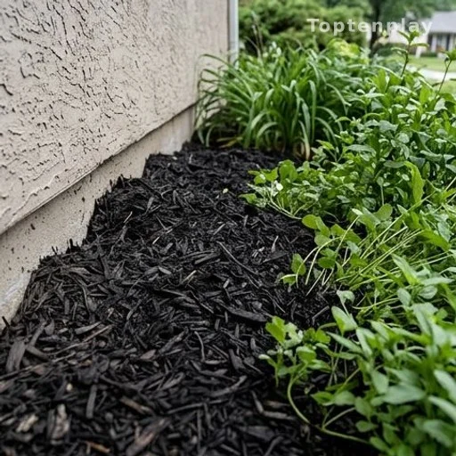 Mulch and vegetation piled against house foundation, attracting slugs outdoors