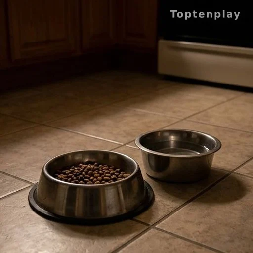 Pet food bowl left on kitchen floor overnight, attracting slugs indoors