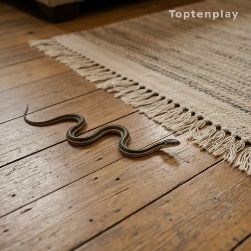 Common garter snake on a wooden floor inside a home