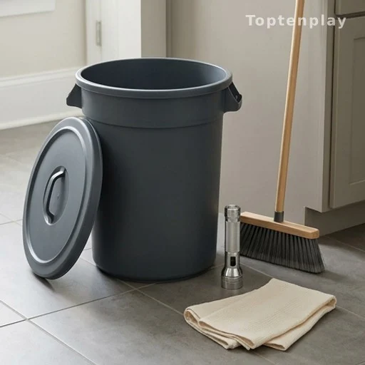Home snake removal kit with trash can, broom, flashlight and towel
