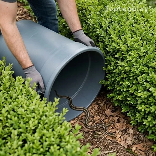 Releasing a house snake safely into a garden using a trash can