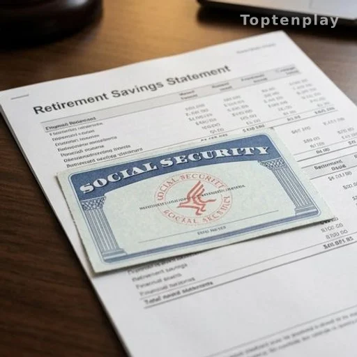 Social Security card on retirement savings statement, retirement fund solvency concept