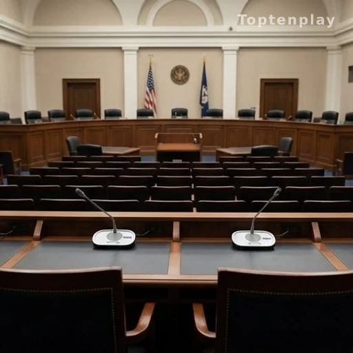 Empty Senate hearing room with microphones, Congressional legislative process