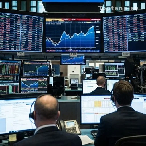 Bond market trading floor with Treasury yield data screens showing fiscal strain