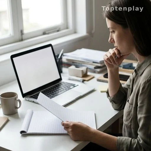 Journalist reviewing empty notes, unable to write article from insufficient source