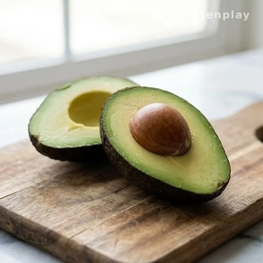 Avocat coupé en deux sur une planche en bois, photographie éditoriale