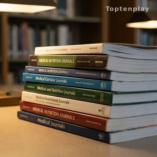Pile de revues médicales et nutritionnelles sur une table de bibliothèque