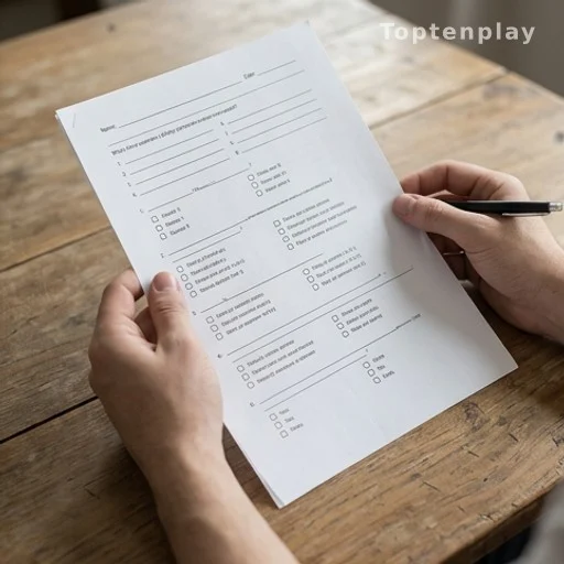Hands holding a printed personality quiz sheet on a wooden table