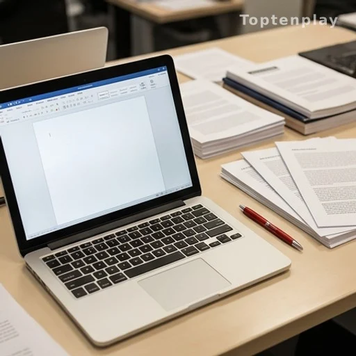 Journalist desk with blank document and red pen indicating editorial review