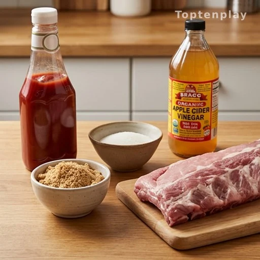 Four pantry ingredients for a budget slow cooker spareribs recipe on a wooden counter
