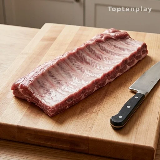 St. Louis-style trimmed pork spareribs on a cutting board before slow cooking