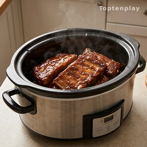 Caramelized sticky spareribs cooking inside a slow cooker on a kitchen counter