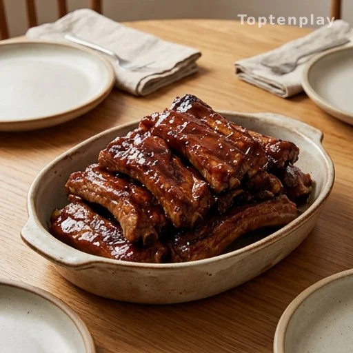 Sticky spareribs served on a rustic family dining table, budget-friendly dinner