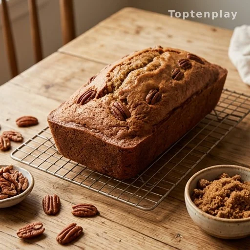 Freshly baked Sweet Alabama Pecanbread loaf cooling on a wire rack with pecans