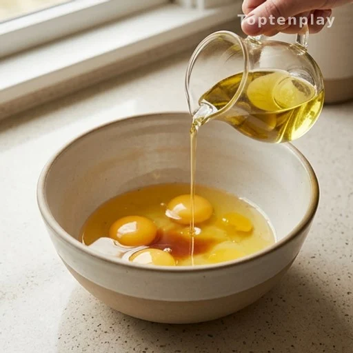 Avocado oil being poured into a mixing bowl for heart-healthy quick bread baking