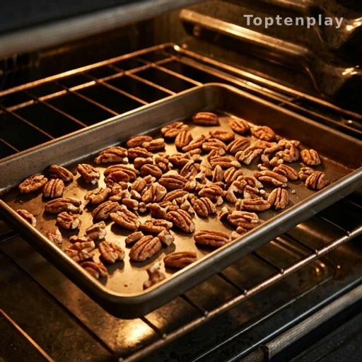 Chopped pecans toasting on a baking sheet in a preheated oven