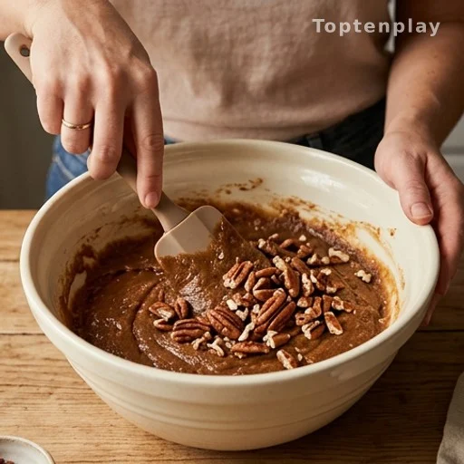 Hands folding toasted pecans into quick bread batter in a mixing bowl