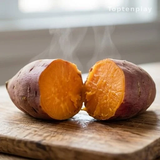 Boiled sweet potato cut open showing bright orange beta-carotene-rich flesh