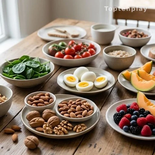 Varied breakfast spread with vegetables, eggs, nuts and fruit illustrating dietary diversity
