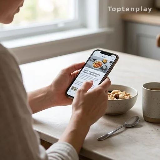 Person reading a viral health article on smartphone at breakfast table