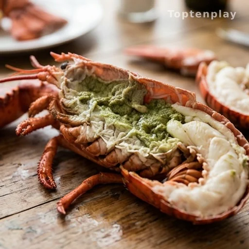 Interior of a cooked lobster showing green tomalley in the body cavity
