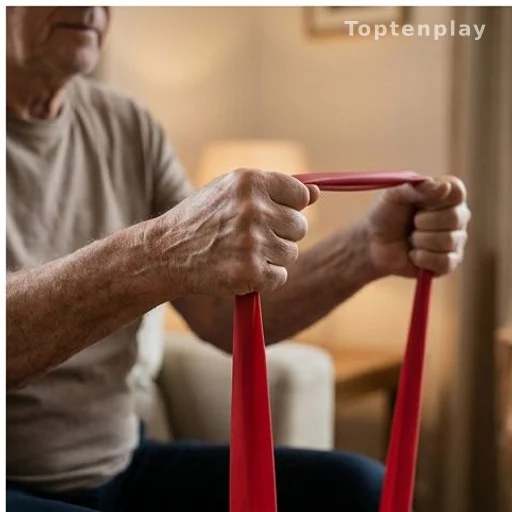 Older adult hands gripping resistance band during muscle health exercise