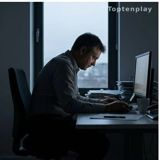 Person sitting at desk for prolonged hours, sedentary lifestyle linked to muscle loss