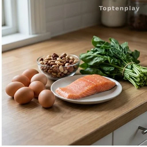 Whole foods including eggs fish and nuts for muscle health nutrition