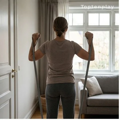 Person doing resistance band strength training at home to prevent muscle loss