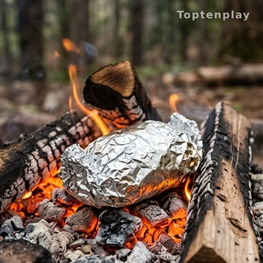 Foil-wrapped campfire meal on glowing coals inspired by Depression-era hobo cooking