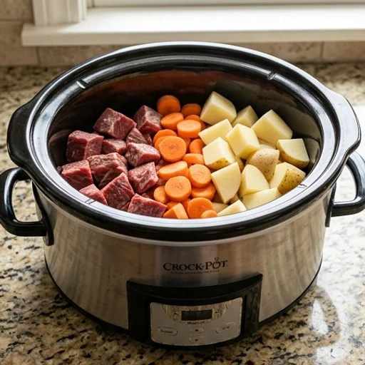 Raw beef, carrots, and potatoes layered in a slow cooker before cooking