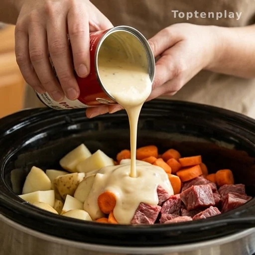 Pouring condensed cream of mushroom soup into a slow cooker with beef and vegetables
