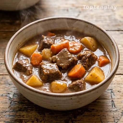 Budget slow cooker beef stew with potatoes and carrots in savory broth