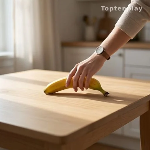 Hand reaching for a banana on an empty table, illustrating risks of eating on empty stomach