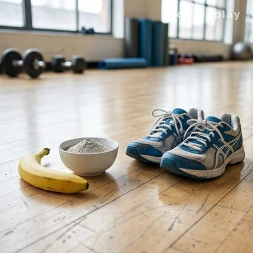 Banana next to running shoes representing pre-workout nutrition and muscle recovery
