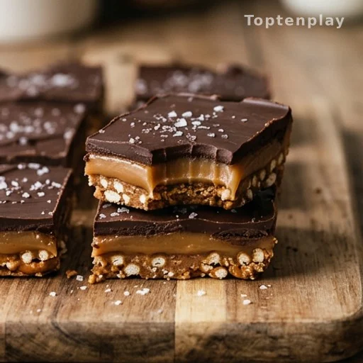 Chocolate caramel pretzel bars showing layered pretzel caramel and dark chocolate