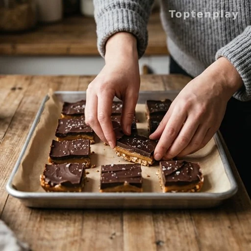 Home baker assembling easy chocolate caramel pretzel bars on a parchment-lined tray