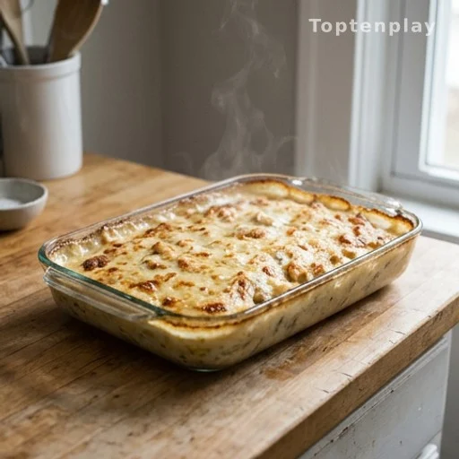 Freshly baked creamy chicken casserole in glass dish on kitchen counter