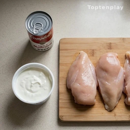 Three budget casserole ingredients on kitchen counter including canned soup and sour cream