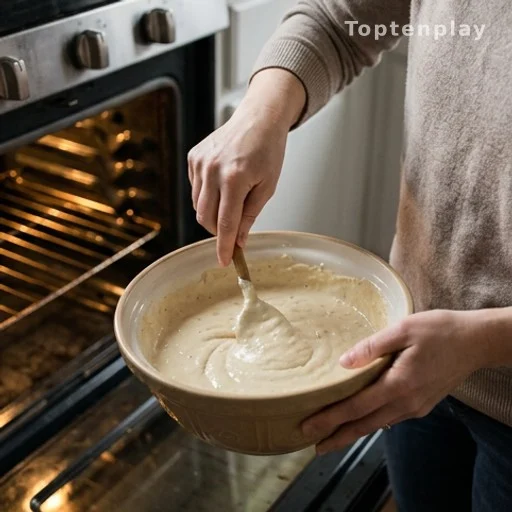 Home cook stirring creamy chicken casserole sauce before easy oven bake