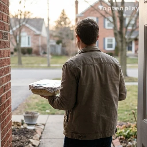 Person delivering homemade chicken casserole to neighbor's front door