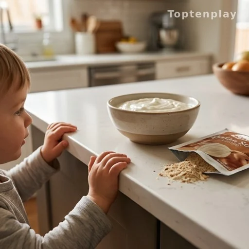 Child watching a classic three-ingredient French onion dip being prepared in a kitchen bowl