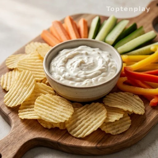 Three-ingredient French onion dip served with chips and vegetables on a wooden board