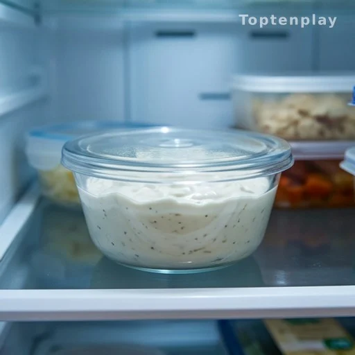 Bowl of homemade French onion dip chilling in a refrigerator before serving