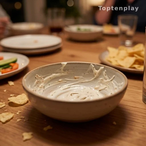 Almost empty bowl of French onion dip scraped clean at a casual party gathering
