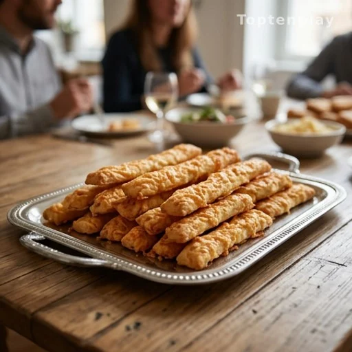 Silver tray of golden Southern cheese straws at a family gathering