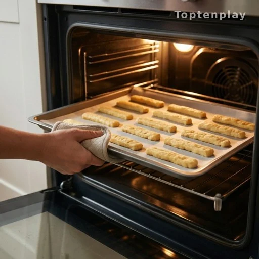 Raw cheese straw dough being placed into a hot oven for baking