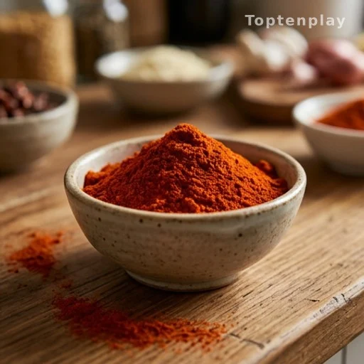 Cayenne pepper powder in a bowl, key ingredient for cardiovascular health benefits