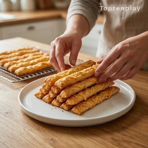 Hands arranging homemade cheese straws on a serving plate at home