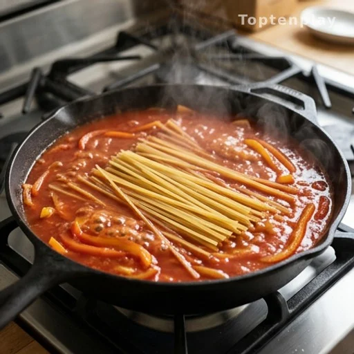 Uncooked pasta simmering in marinara sauce with bell peppers in a skillet